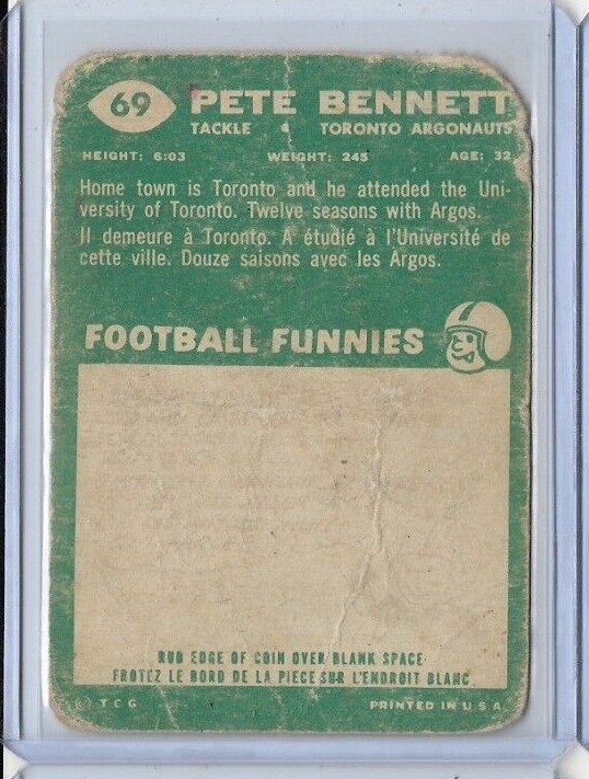 Pete Bennett Toronto Argonauts Argos 1960 Topps CFL Football Card