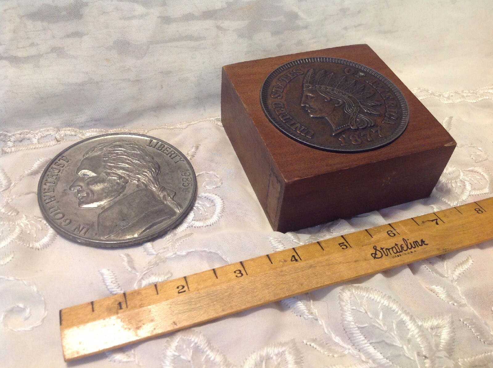 Pair 3" Novelty Coin Paperweights1985 Jefferson Nickel & 1877 Indian