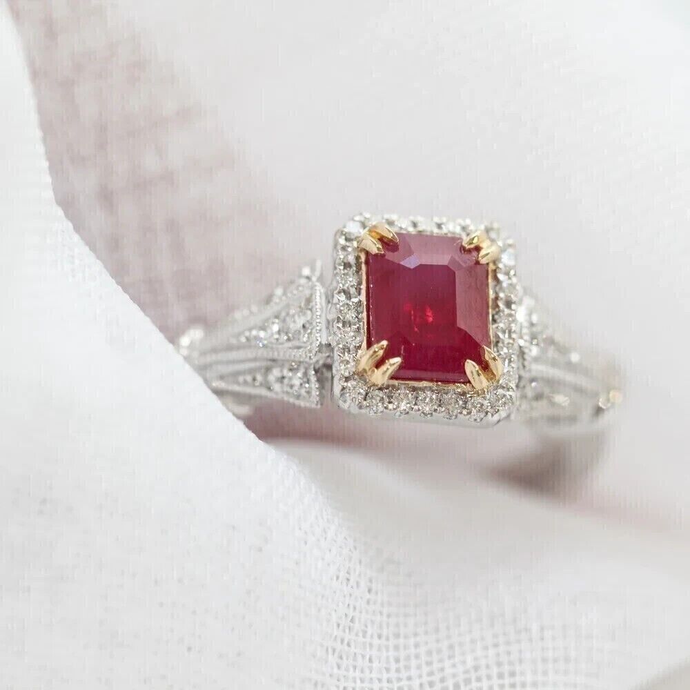 3Ct Emerald Cut Lab-Created Ruby Ring Women Engagement 14K Two Tone ...