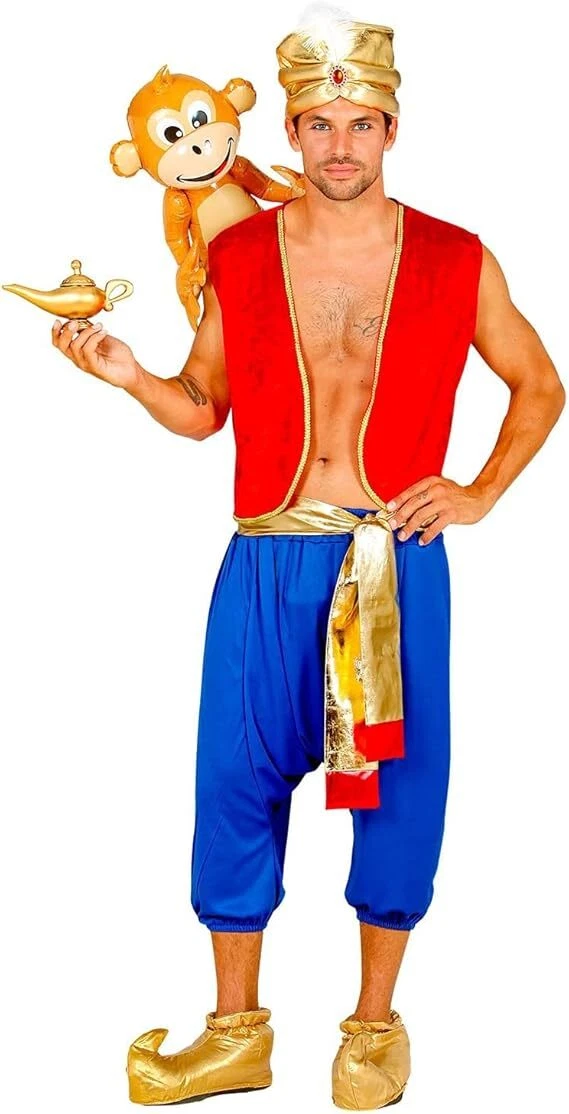 Costume Aladdin Per Adulti Uomo - Completo Principe Arabo Con Lampada, Gilet, Pantaloni, Camicia, Cappello E Cintura, Per Carnevale/Halloween