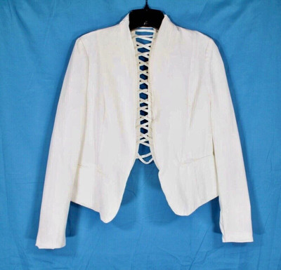LOVE TREE White CREPE Open Front CRISS CROSS LACE Pockets JACKET/TOPPER Sz S