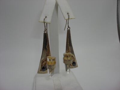 ARTISAN CRAFTED STERLING HEMATITE HEXAGONAL QUARTZ & GOLD BEADING EARRINGS!