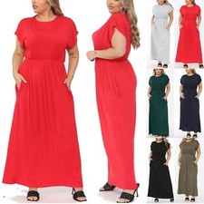 LADIES SHORT SLEEVE FULL LENGTH 2 POCKET WOMEN'S LONG MAXI DRESS PLUS SIZE UK