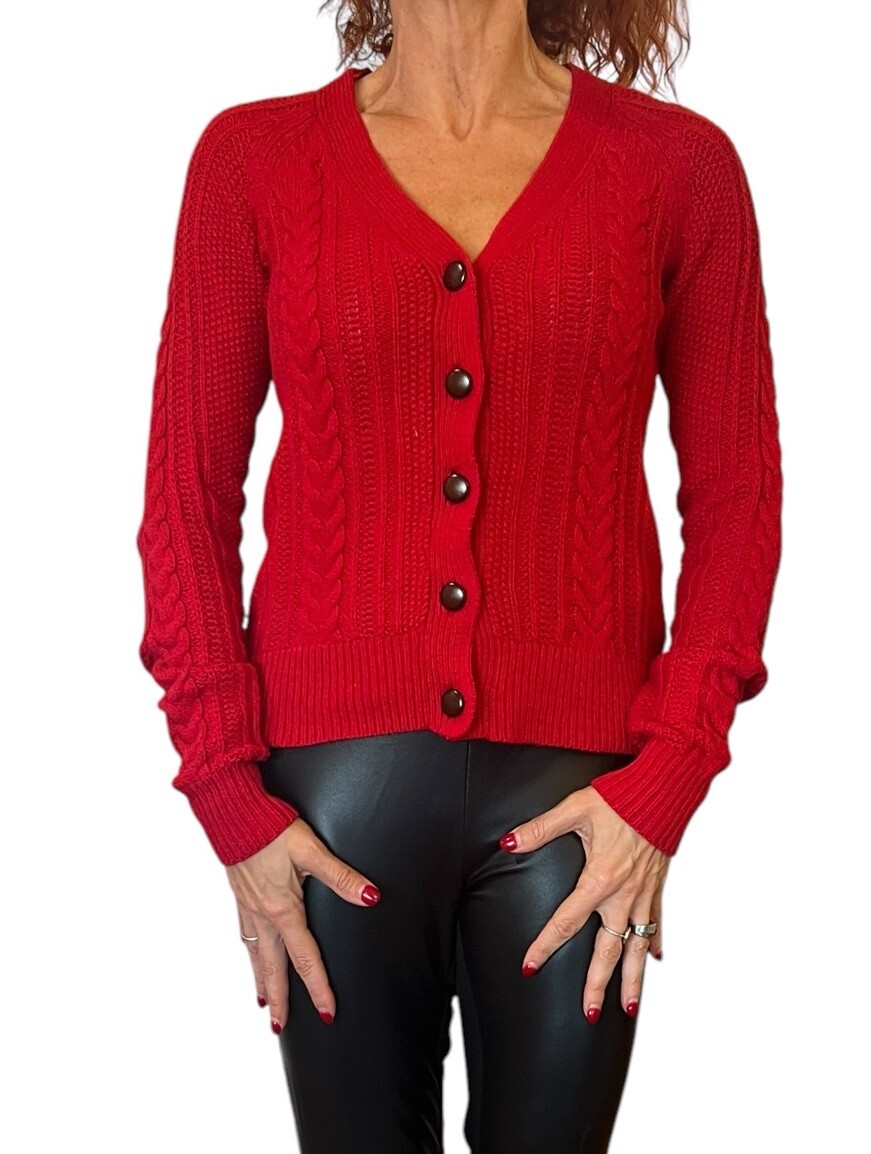 ZARA WOMEN'S SWEATER RED CABLE KNIT CROP CARDIGAN V NECK ANGORA
