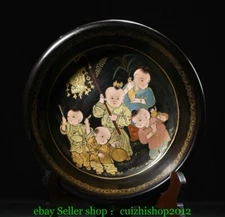 Old Dynasty Wood Lacquerware Gilt Painting Tongzi Boy Pen Wash Tray Dish Plate