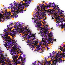 Halloween Black Orange Purple Tinsel Garland 33 FT Pumpkin Bats Spider Shiny M