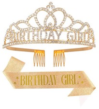 Birthday Tiara Crown with Sash for Women Wedding Bridal Party Hair Accessories