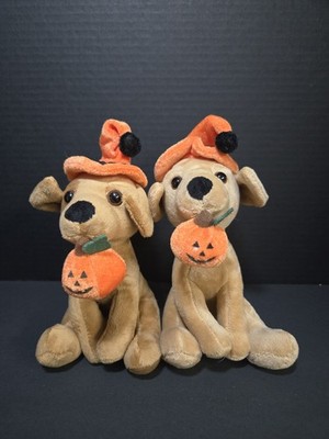 Lot Of 2 Plushland  Puppy Dog Pumpkin Jack O Lantern Halloween 7  Stuffed Toy 