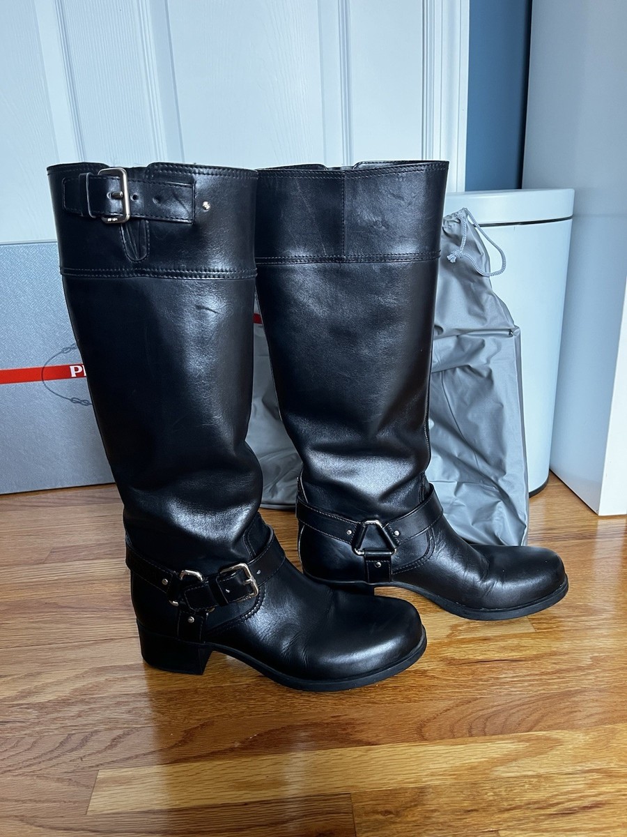 靴 Prada Sport Black Leather Riding Boots Prada Sport Black Leather Knee High Riding Boots Buckle Straps