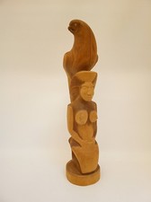 Artisan carved wood parrot & mermaid woman totem 23.5" tall