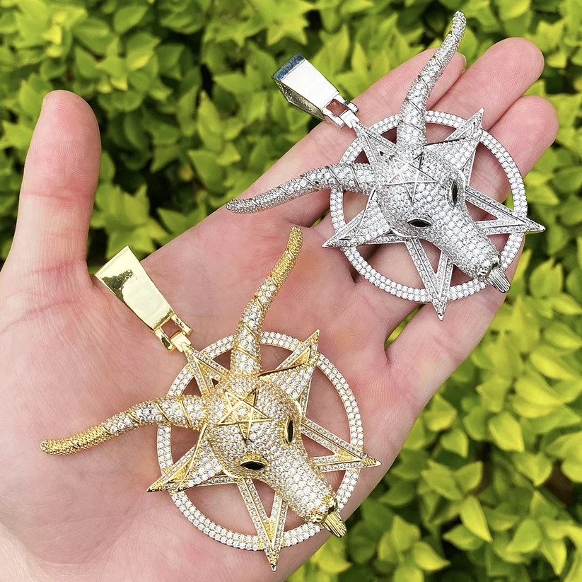 Colar pingente círculo estrela cabra quadril quadril 5AAA+ CZ folheado a ouro real 14k - Imagem 4 de 4