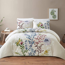 King Size 3PCS Cotton Duvet Cover Set with White Leafy Design, Machine Washable