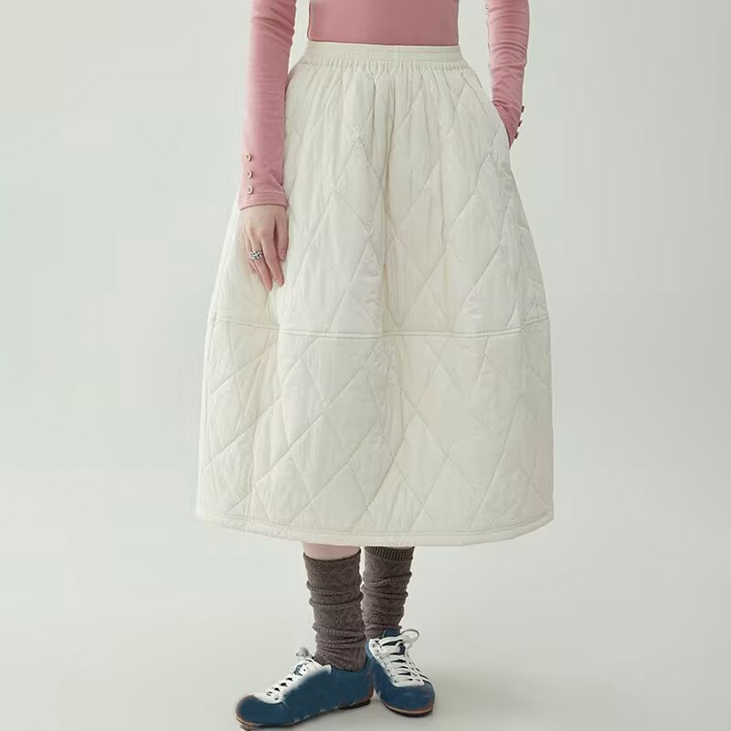 Casual Womens Cotton Quilted Warm A-Line Skirts Winter High Waist Long Skirts