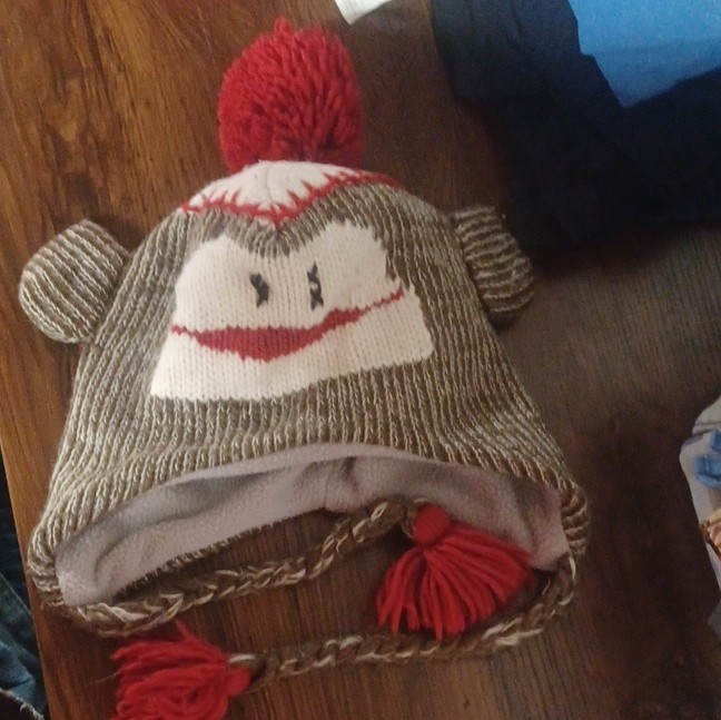 Boys Sock Monkey Knit Ear Flap Winter Hat with Red Pom-Pom, One Size