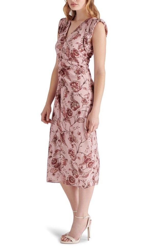 steve madden ruched dress Steve Madden Honey Printed V-Neck Ruched Midi Dress Women's Small Blush  Back Zip