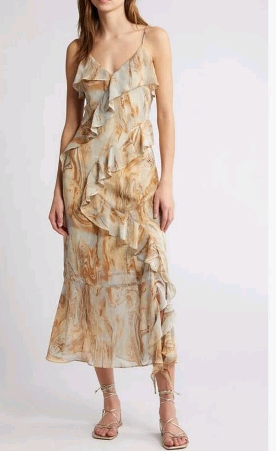 MOON RIVER Marble Print Ruffle Midi Dress Small
