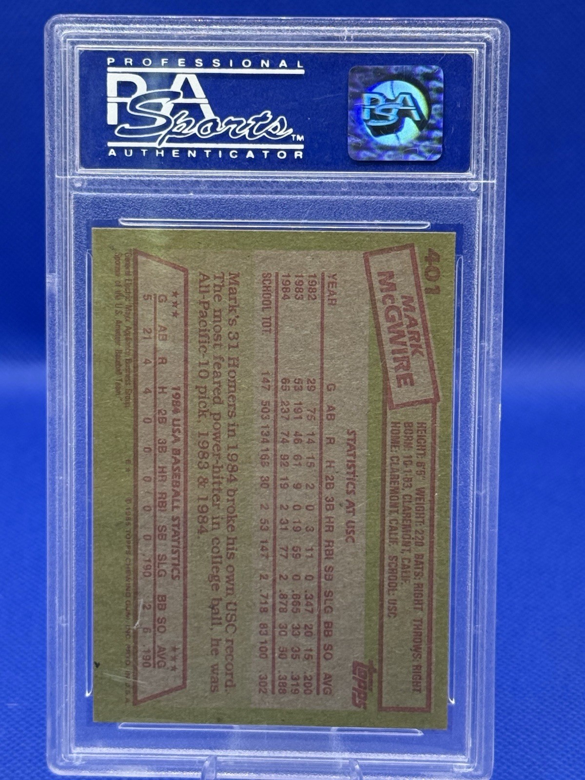 1985 Topps #401 Mark McGwire 1984 USA Baseball Team RC PSA 8 view 2