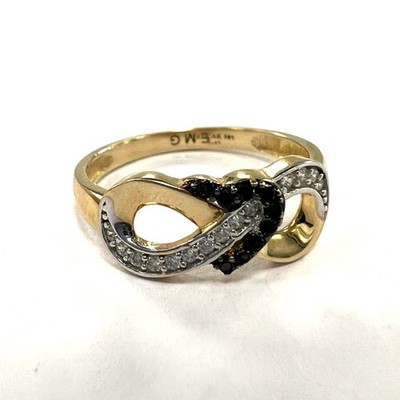 14K Gelbgold Infinity & Herz Ring mit weißem & schwarzem Zirkon besonderes Design