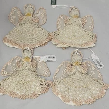 Vintage TJs Christmas Lace Angel Ornaments Set 4 Crochet Beaded Holiday Decor J7