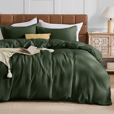 Waffle Wave Duvet Cover Set Queen Size, 3-Piece, Olive Green