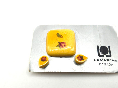NOS Lamarche Canada Brooch & Earrings Set Ceramic Rose Hand Painted VTG
