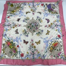 GUCCI Vintage Silk Scarf Pink Ribbon Butterfly Floral Large Square 35x33 in