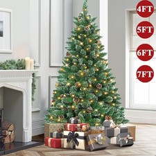 Artificial 4/5/6/7Ft Christmas Tree With LED Lights Xmas Pinecone Indoor Stand