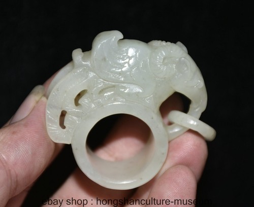 2.2 " Old Chinese Hetian White Jade Carving Phoenix Bird jewelry Ring - Picture 2 of 11