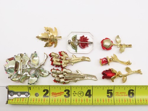 Lote broche prendedor vintage tono oro rojo tallo rosa esmalte Tanager II DM 1997 + D2172 - Imagen 7 de 7