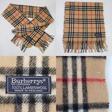 Vintage Burberry 100% Lambswool Plaid Classic Fringe Scarf Tan Holiday Gift Flaw