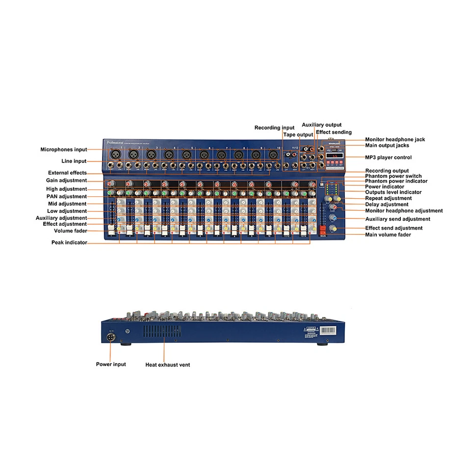 14CH Audio Mixer DJ Sound Mixing Console Amplifier Studio Recording Live Mixer - Image 3 of 4