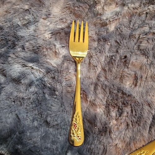Hollyberry 3 Piece Serving Set Gold-plate Holly Sprigs on handle Made in Japan - Picture 4 of 7