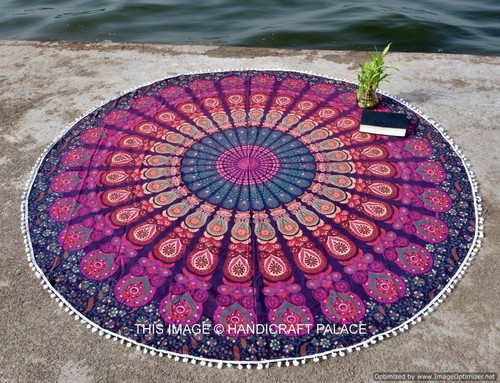 Indian Pom Pom Round Mandala Tapestry Wall Hanging Beach Throw Towel Yoga Mat - Picture 30 of 42