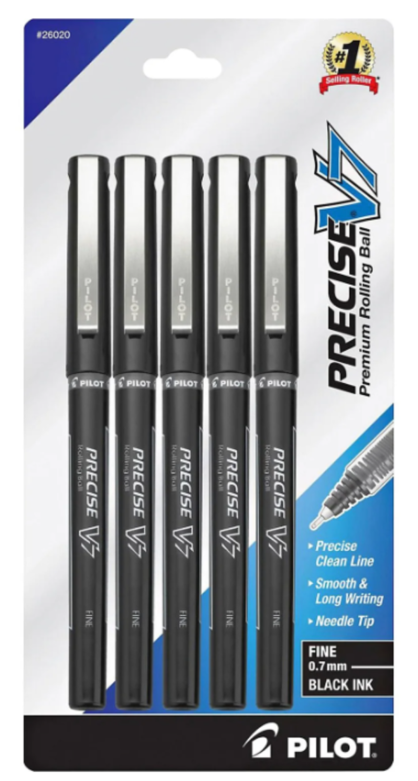 Pilot Precise V7 Fine Rolling Ball Pens 0.7mm Black, 5 Pack