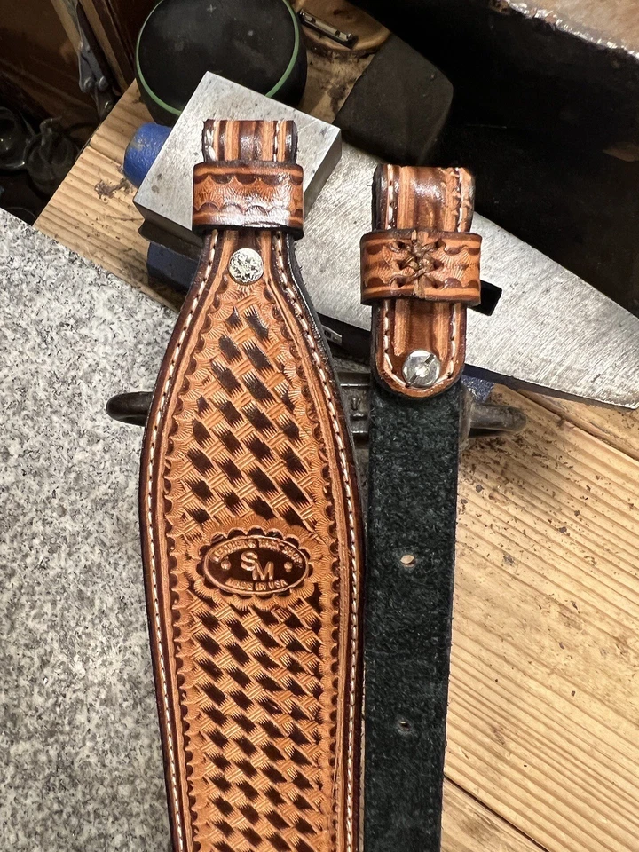 Leather Rifle Sling - Hand Tooled Basket Weave Strap - Personalized -Made in USA - Image 4 of 4