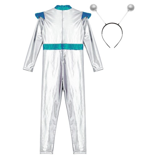 Mädchen Halloween Alien Kostüm Holographischer Ganzkörperanzug mit Haarreif Set - Bild 23 von 29