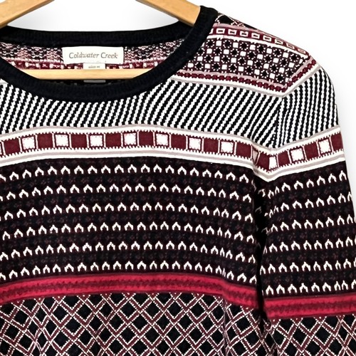 Coldwater Creek Red Black Fair isle Knit Sweater Womens Small Cashmere Cotton - Picture 2 of 7