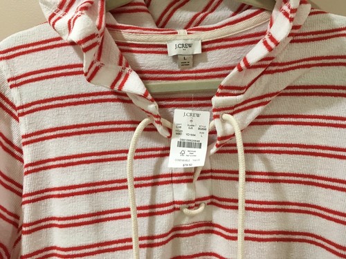 J.Crew Womens L Sweater Hoodie Top white Orange Striped towel terry Lace Up New - Picture 5 of 7