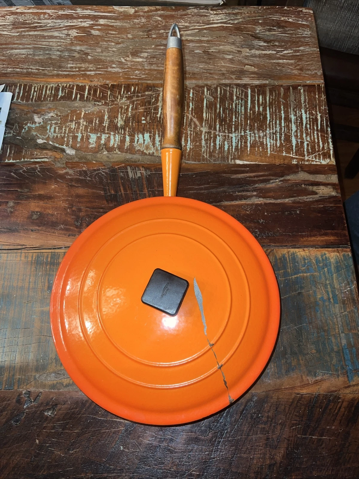 Vintage Le Creuset France #28 Orange & Red Enamel Cast Iron Skillet W/ Cover