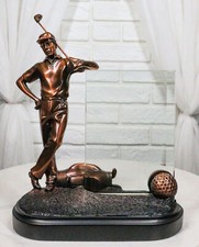 Professional Golfer With Golf Club Caddy Bag Bronzed Statue With Beveled Glass