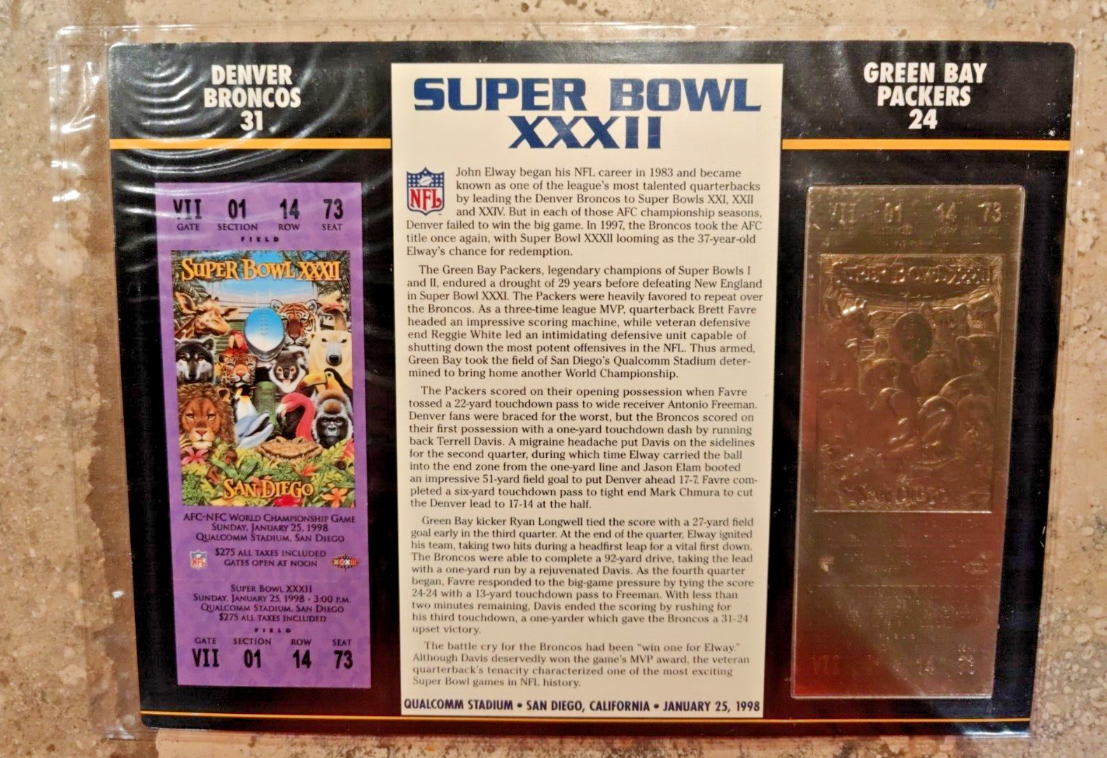 Super Bowl XXXII Gold Ticket Broncos vs. Packers January 25, 1998 Qualcomm