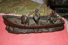 Fishermen Canoe Row Boat Pottery Sculpture Asian Men Fish Boat Detailed