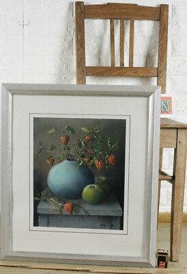 Walter Heckmann 1929-1994 Pastell Acryl Gemälde Stilleben Physalis Äpfel 1992