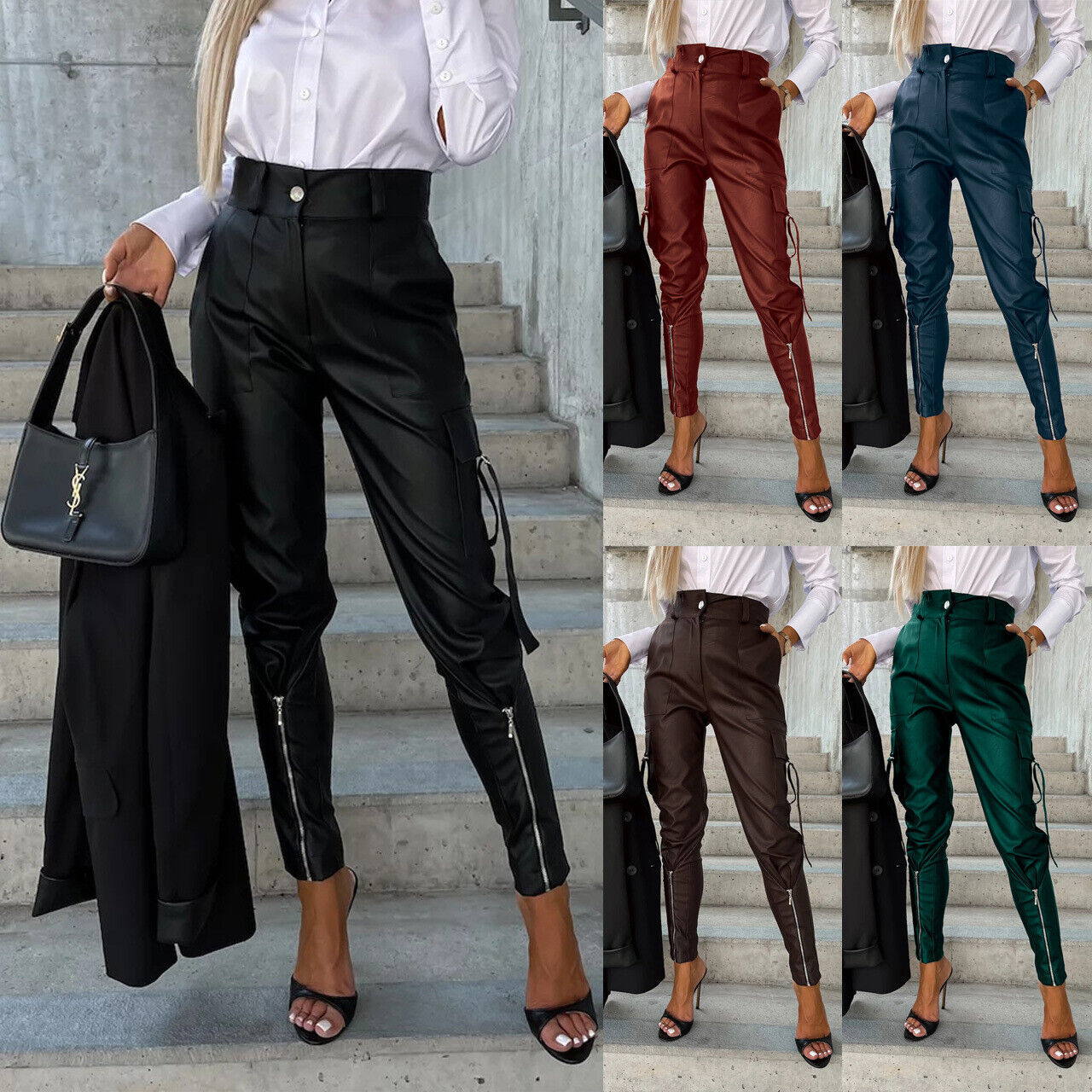 Women's PU Faux Leather Pants Zipper Pockets Casual Cargo Trousers Leggings