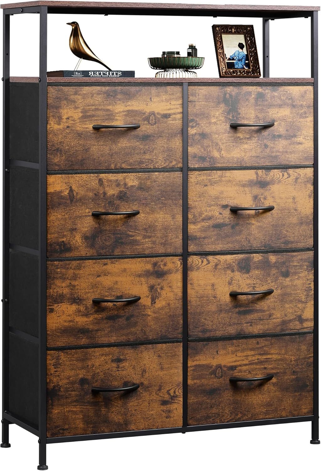 Tall 8-Drawer Fabric Dresser with Open Shelves for Bedroom Storage