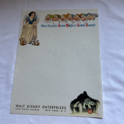 Walt Disney's Snow White and The Seven Dwarfs. Orig. Stationary. 1270 Sixth Ave.