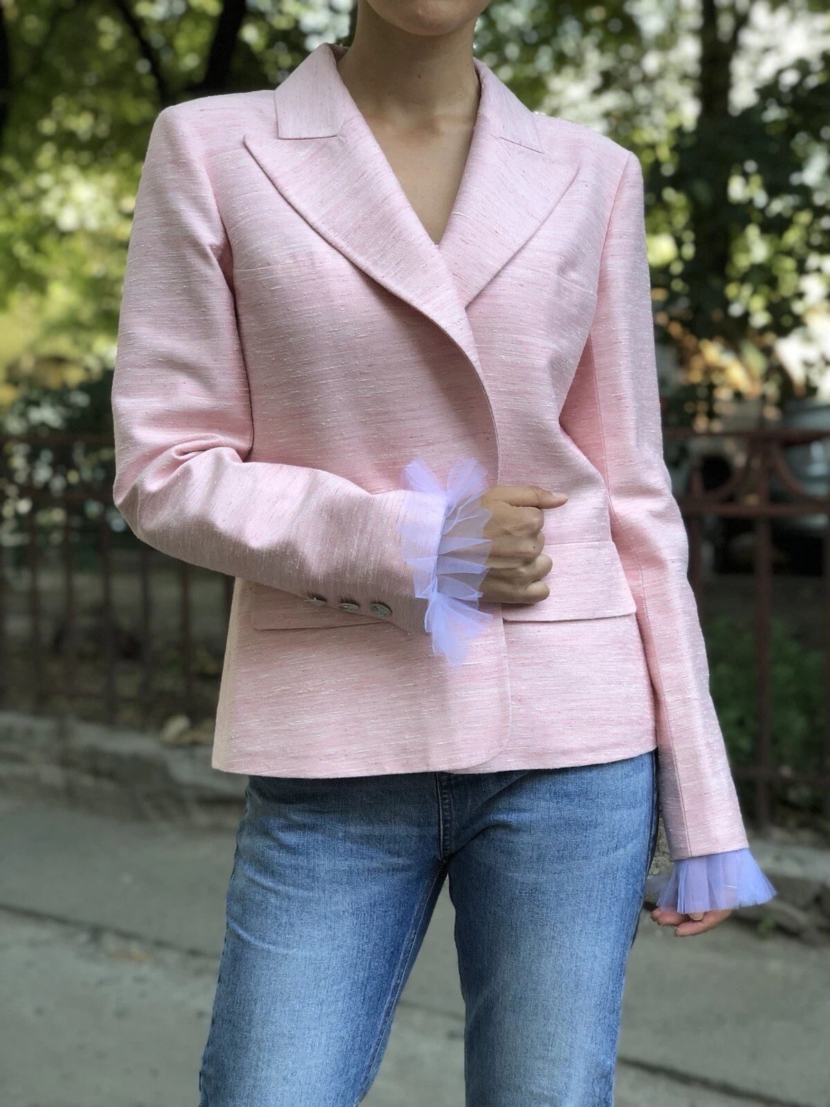 Blazer Favoloso Autentico Chanel Cuba Runway Rosa Seta Logo Bottoni Taglia 44