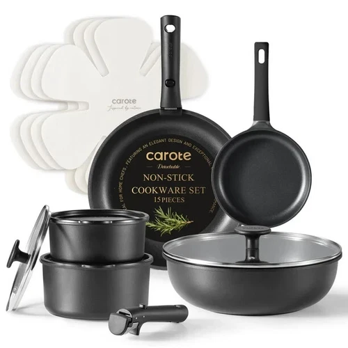 Carote Nonstick Cookware Sets, 15 Pcs Non Stick Pots and Pans Removable Handle