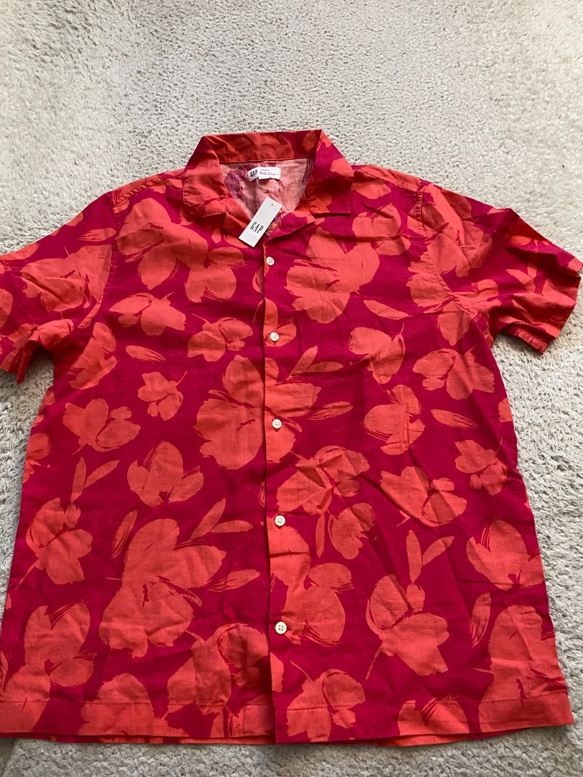 Gap Men Linen Blend Floral Short Sleeve Button-Up Shirt Red Orange Size L