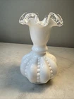 Vintage Fenton Silver Crest White Milk Glass Ruffled Edge Beaded Vase 6"